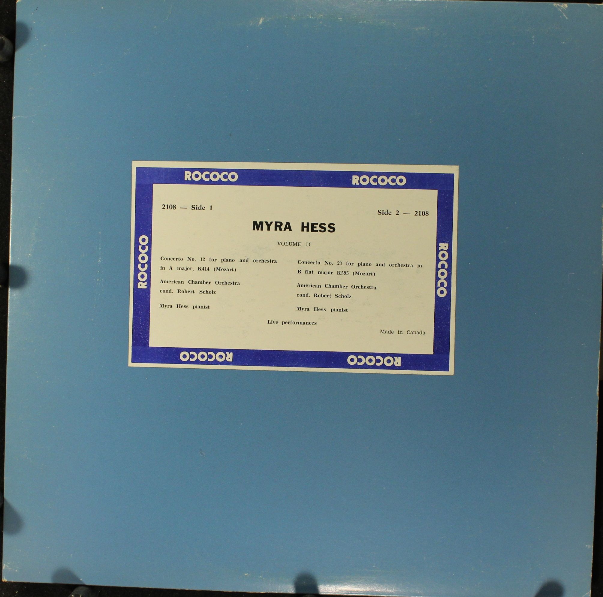 Rococo Records (5) RR-2108 - Myra Hess, Wolfgang Amadeus Mozart,