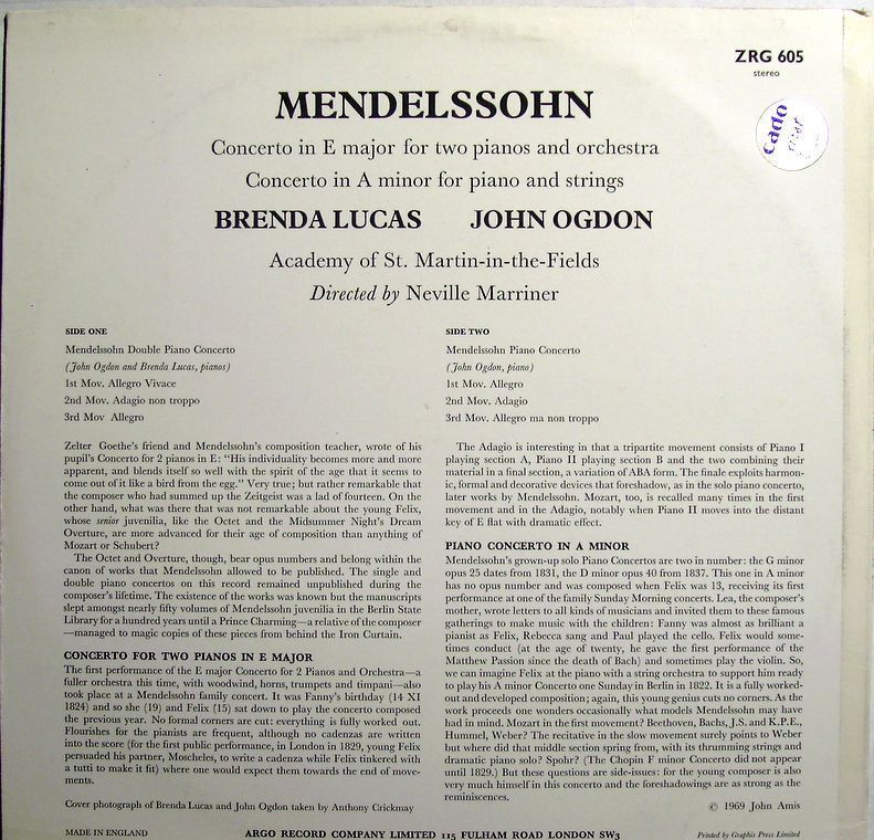 Argo ZRG 605 - Felix Mendelssohn-Bartholdy, Brenda Lucas, John O - Image 2