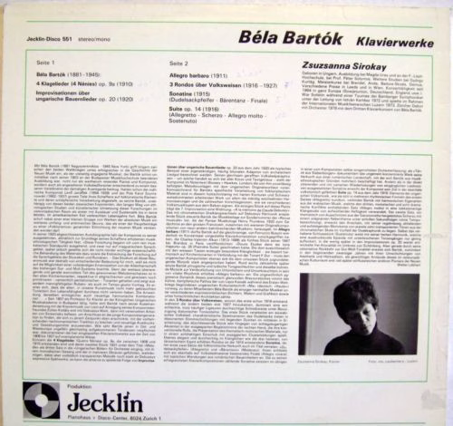 Jecklin 551 - Béla Bartók, Zsuzsanna Sirokay - Klavierwerke - Image 2