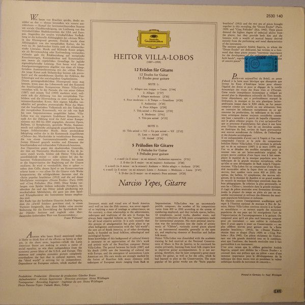Deutsche Grammophon 2530 140 - Heitor Villa-Lobos, Narciso Yepes - Image 2