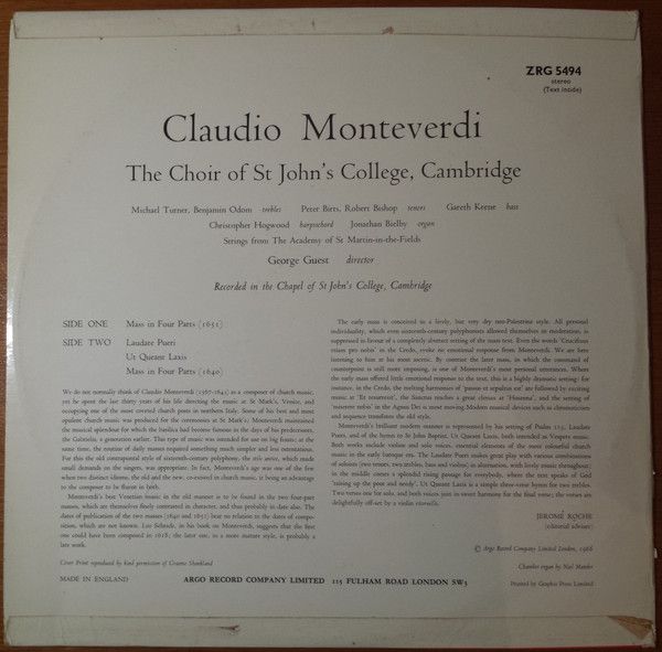 Argo ZRG 5494 - Claudio Monteverdi, St. John's College Choir, Ge - Image 2