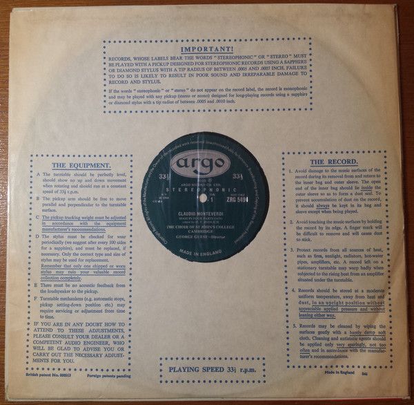 Argo ZRG 5494 - Claudio Monteverdi, St. John's College Choir, Ge - Image 3