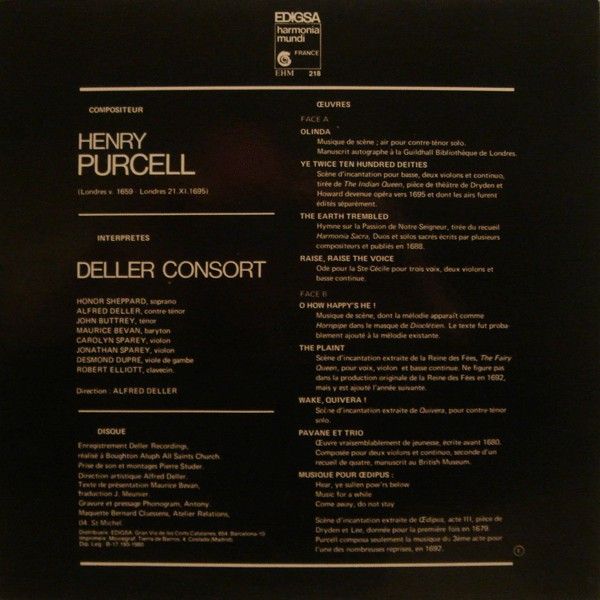 harmonia mundi France EHM 218 - Henry Purcell, Deller Consort, A - Image 2