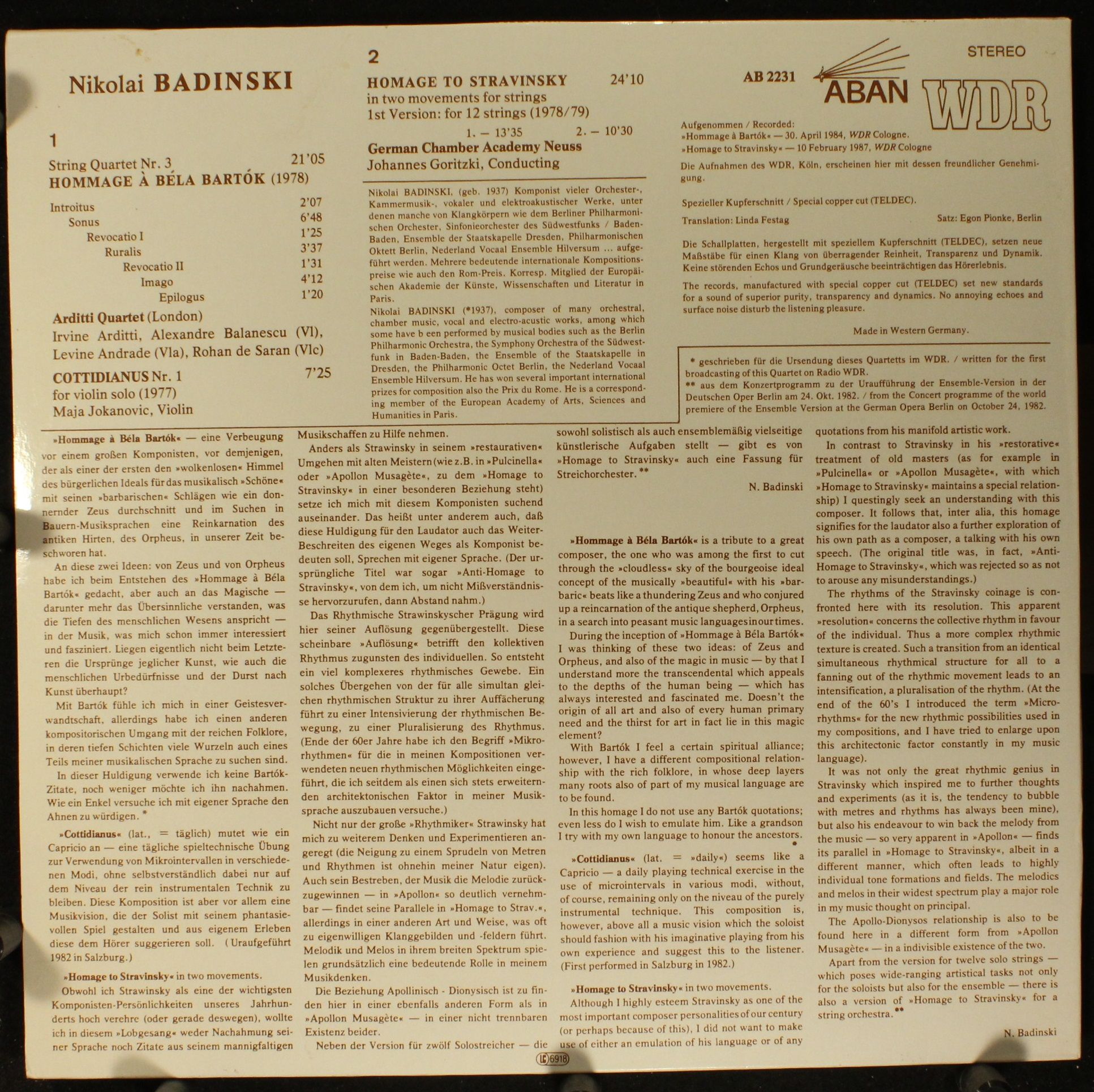 ABAN AB 2231 - Nikolai Badinski, Arditti Quartet - Music For Str - Image 2