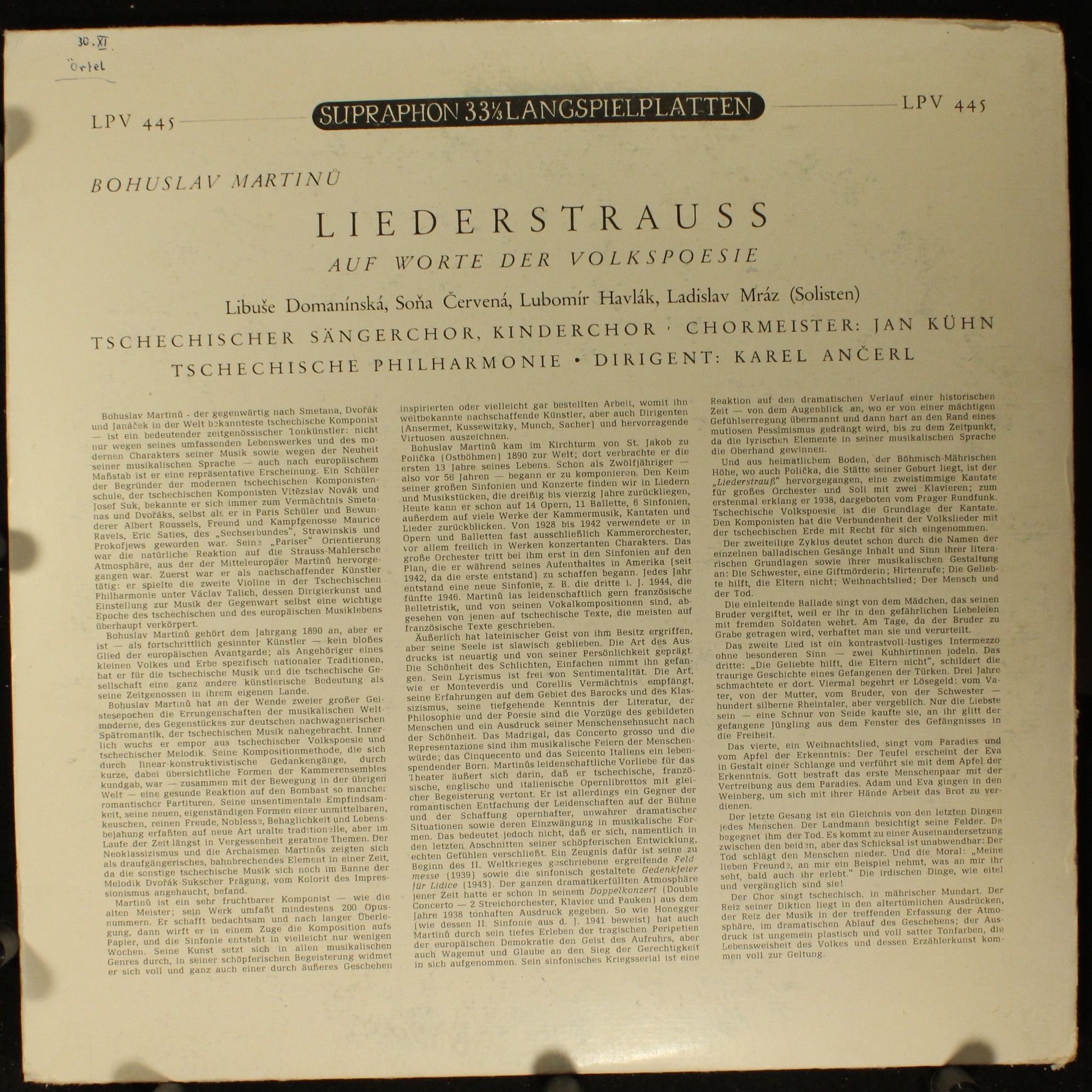 Supraphon A LPV 445 - Bohuslav Martinů - Liederstrauss - Image 2