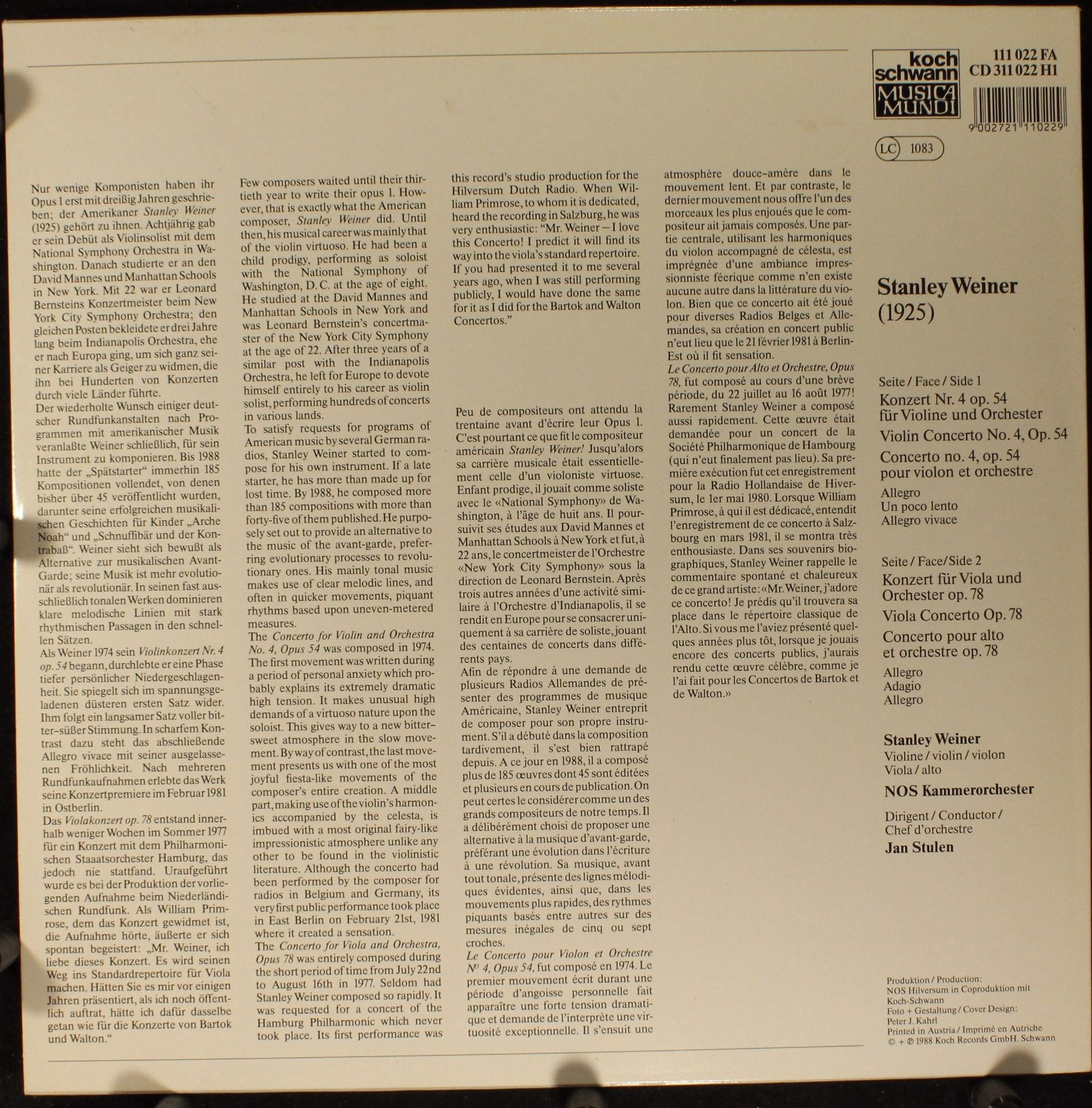 Koch Schwann Musica Mundi 111 022 FA - Stanley Weiner, NOS Kamme - Image 2