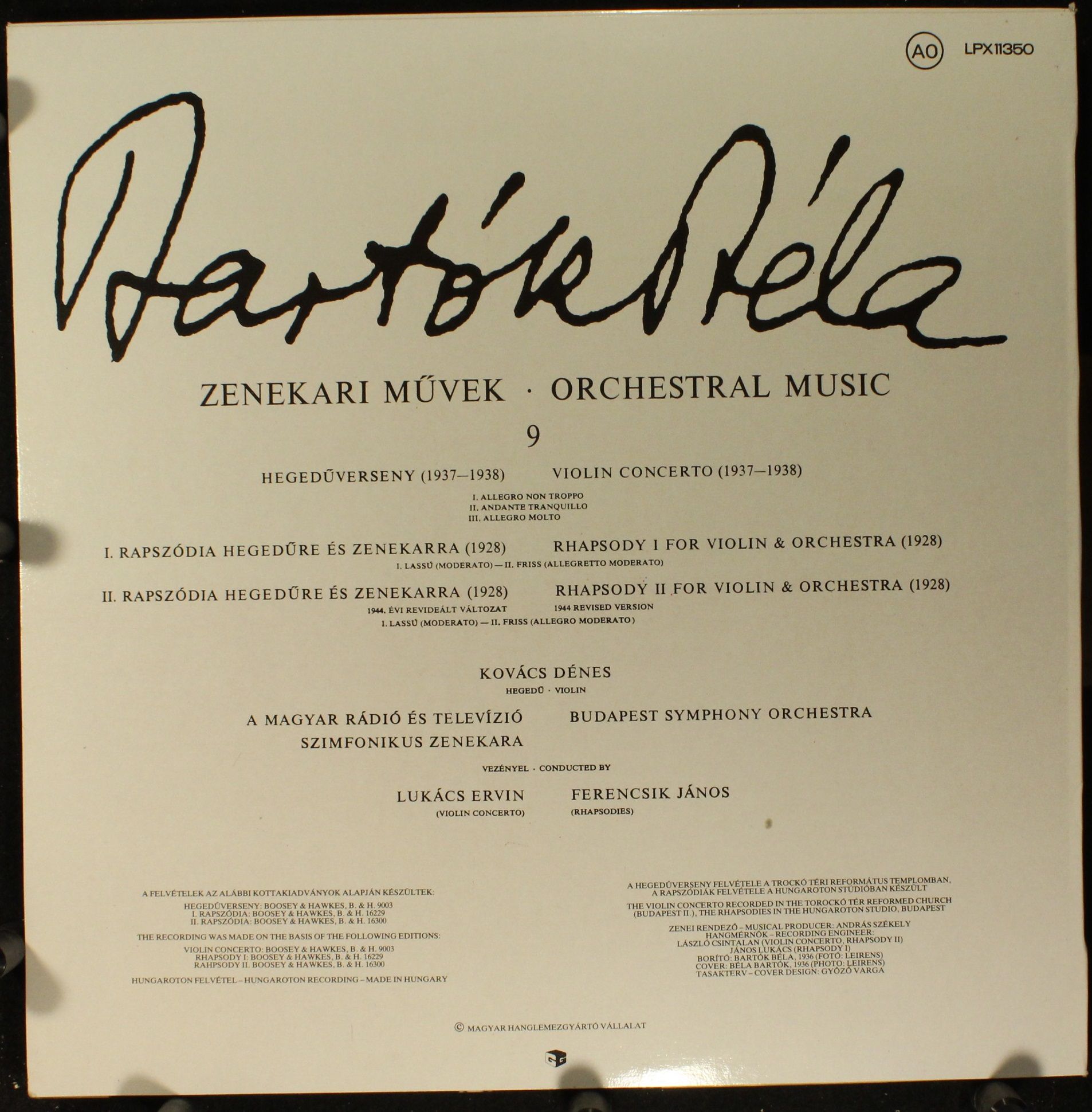 Hungaroton SLPX 11350 - Béla Bartók, Dénes Kovács, Budapest Symp - Image 2