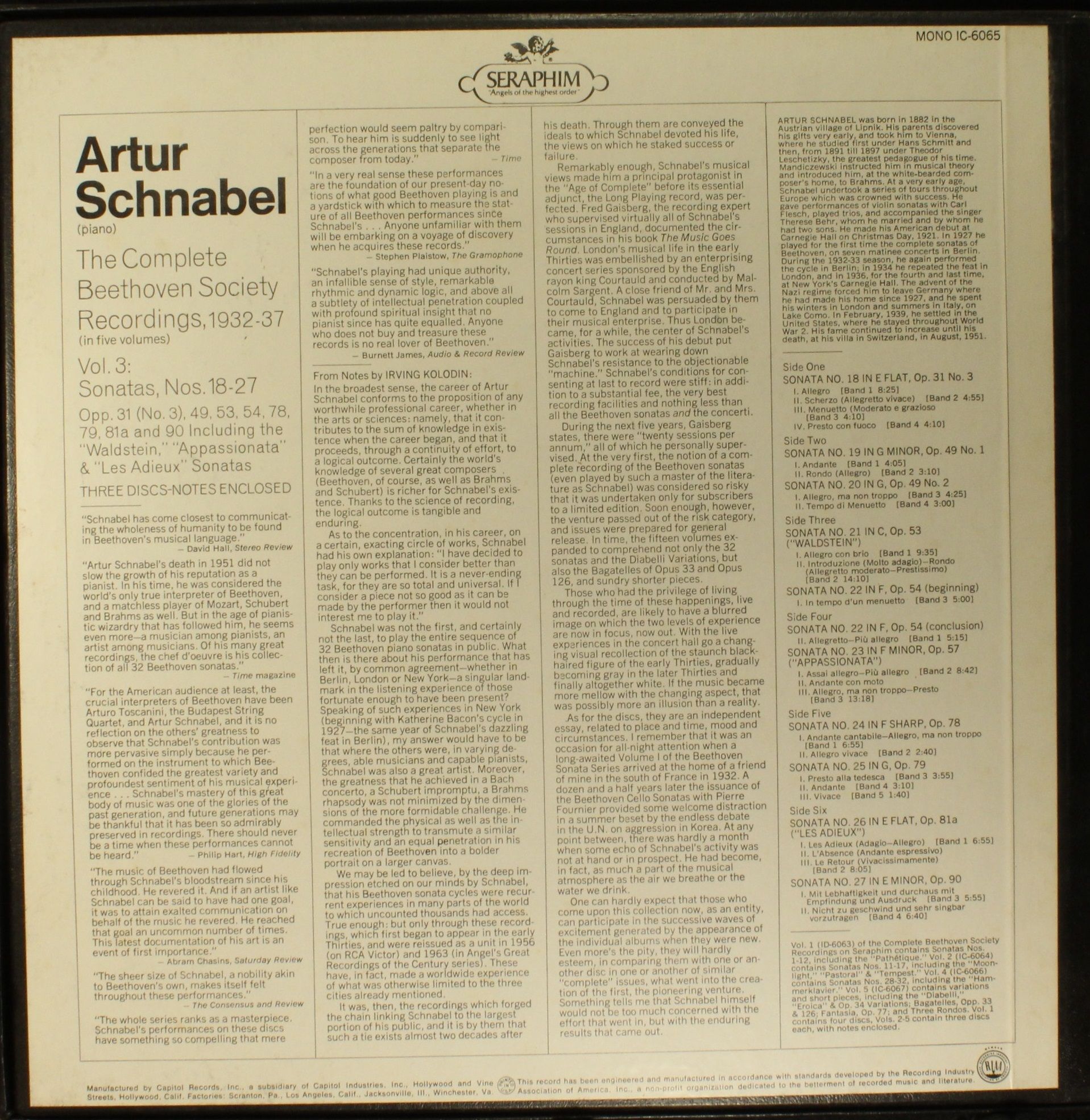 Seraphim IC-6065 - Artur Schnabel, Ludwig van Beethoven - The Co - Image 2