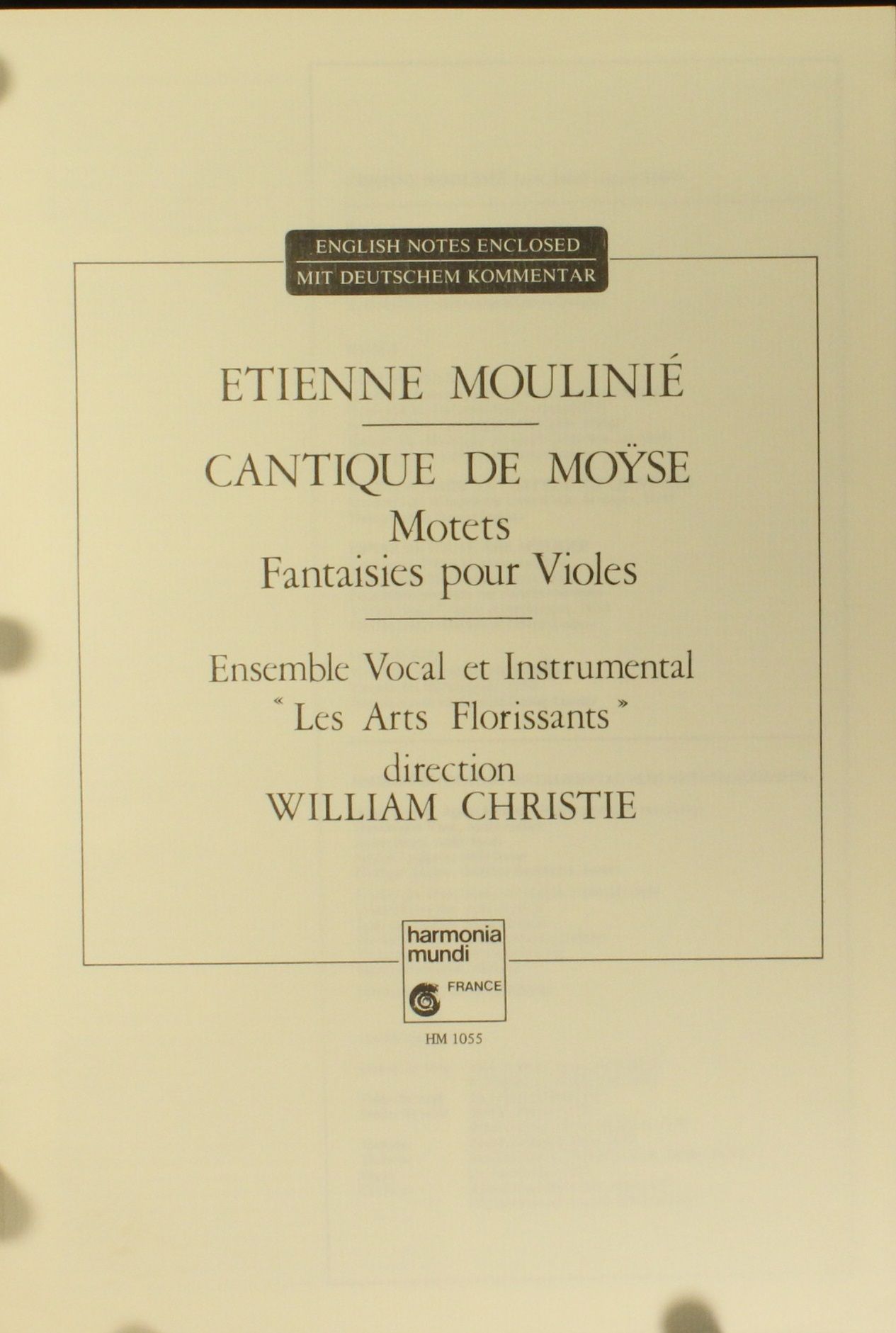 harmonia mundi France HM 1055 - Étienne Moulinié, Les Arts Flori - Image 3