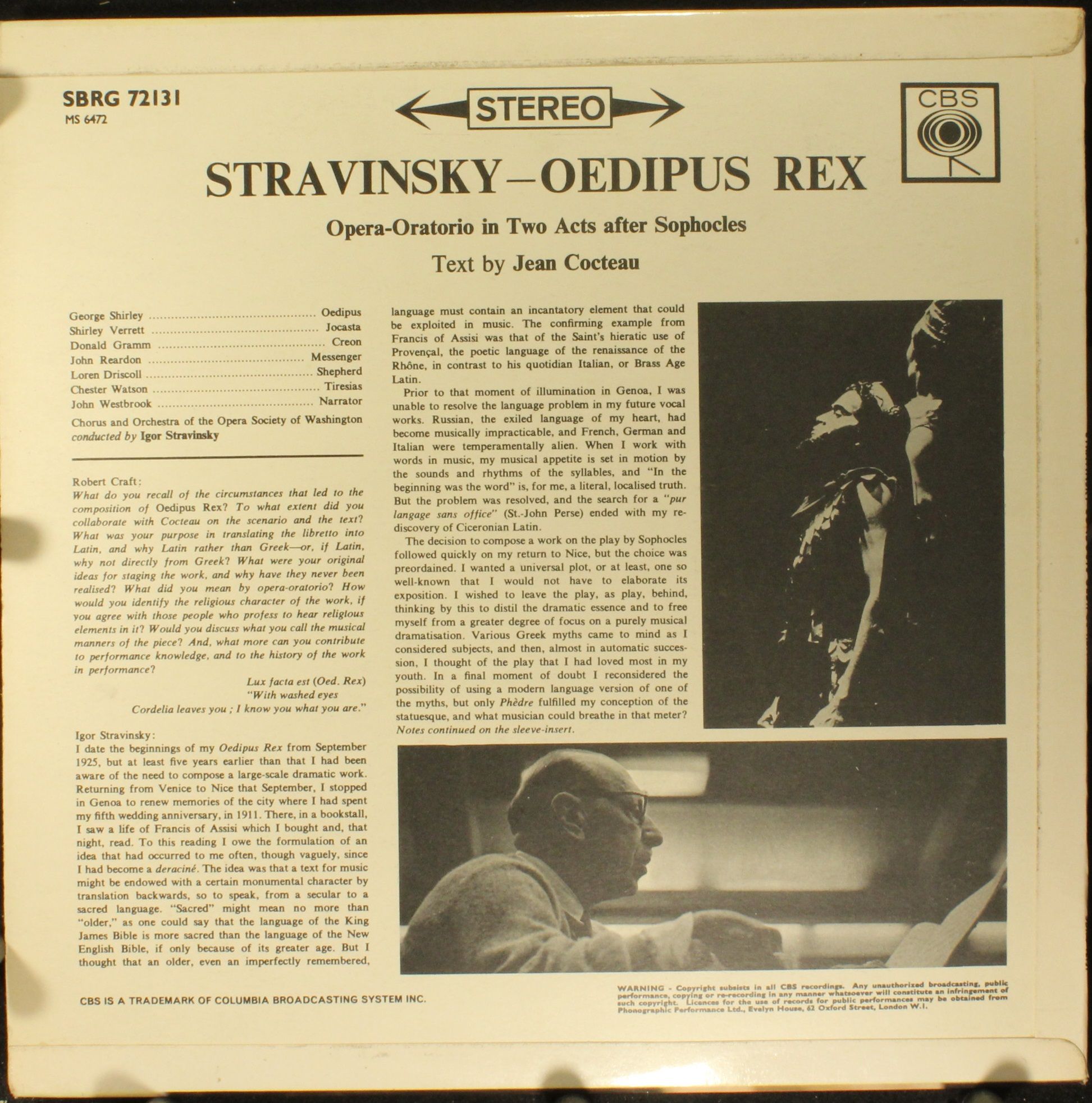 CBS BRG 72131 - Igor Stravinsky - Stravinsky Conducts Oedipus Re - Image 2