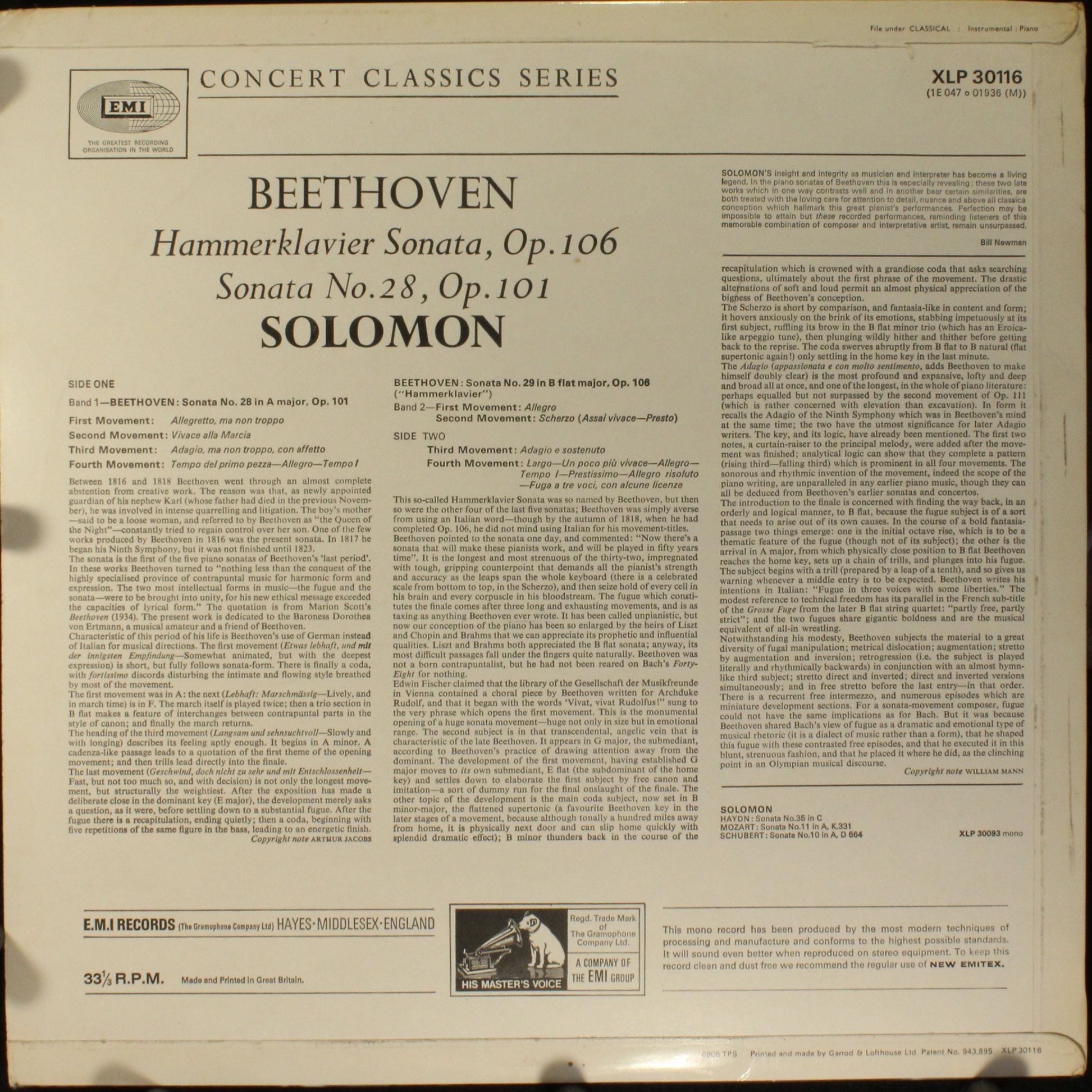 His Master's Voice XLP 30116 - Ludwig Van Beethoven, Solomon (6) - Image 2