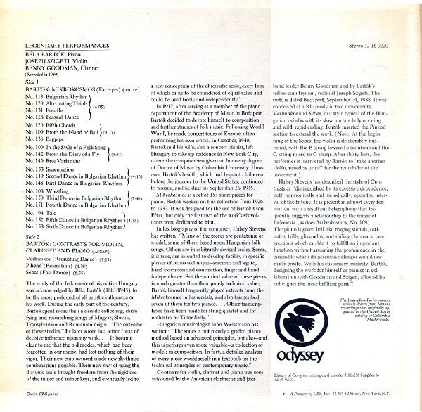 Odyssey 32 16 0220 - Béla Bartók, Joseph Szigeti, Benny Goodman - Image 2