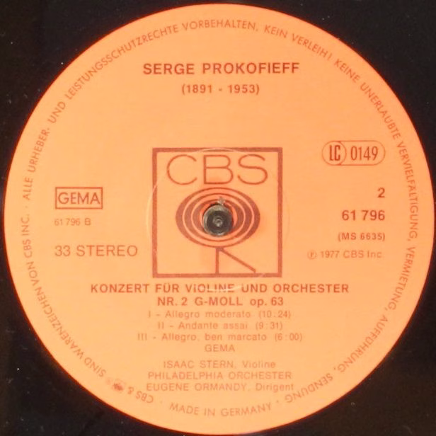 CBS 61 796 - Sergei Prokofiev, Isaac Stern, Eugene Ormandy, The - Image 3