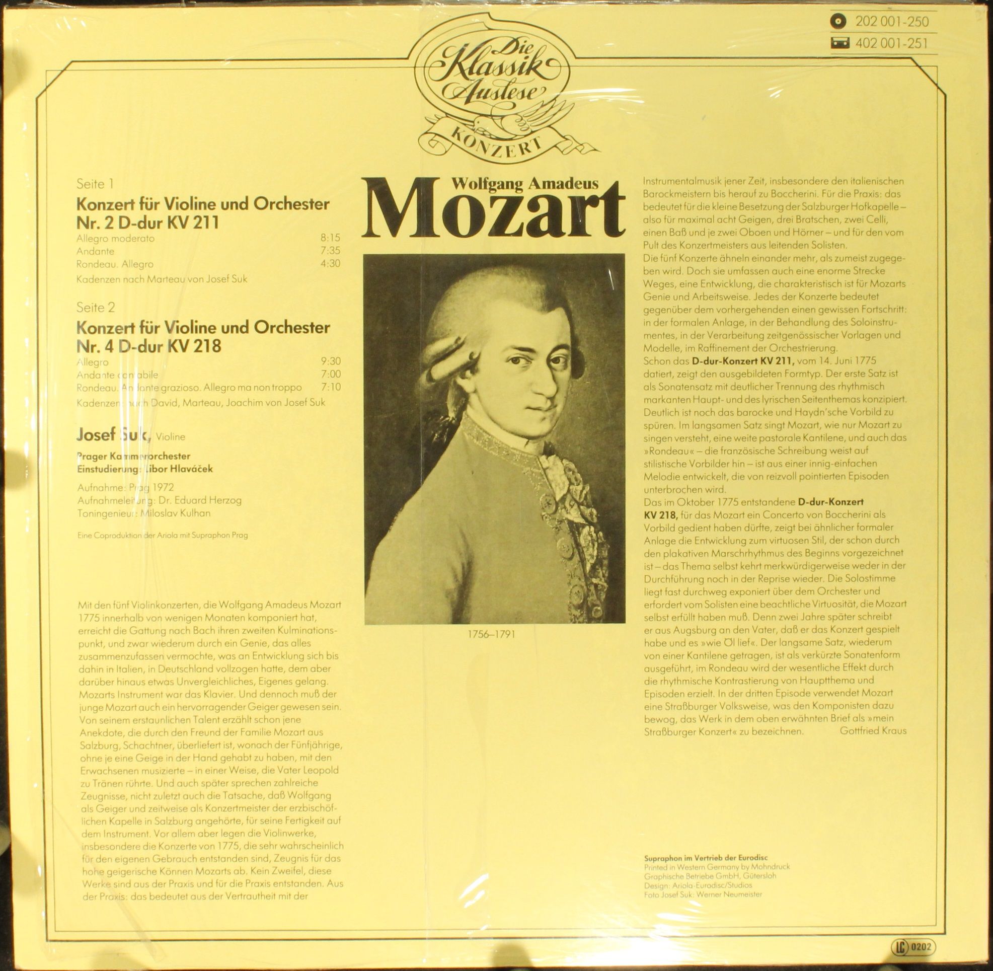 Eurodisc 202 001-250 - Wolfgang Amadeus Mozart, Josef Suk - Die - Image 2