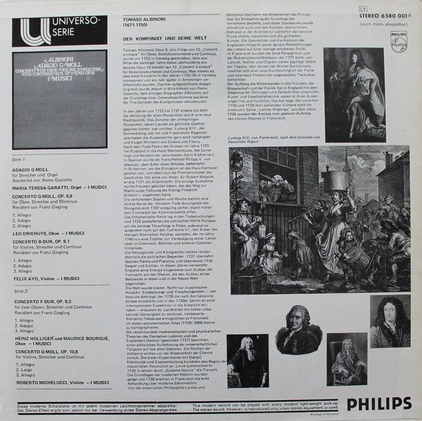 Philips 6580 001 - Tomaso Albinoni, I Musici - Adagio G-Moll / C - Image 2