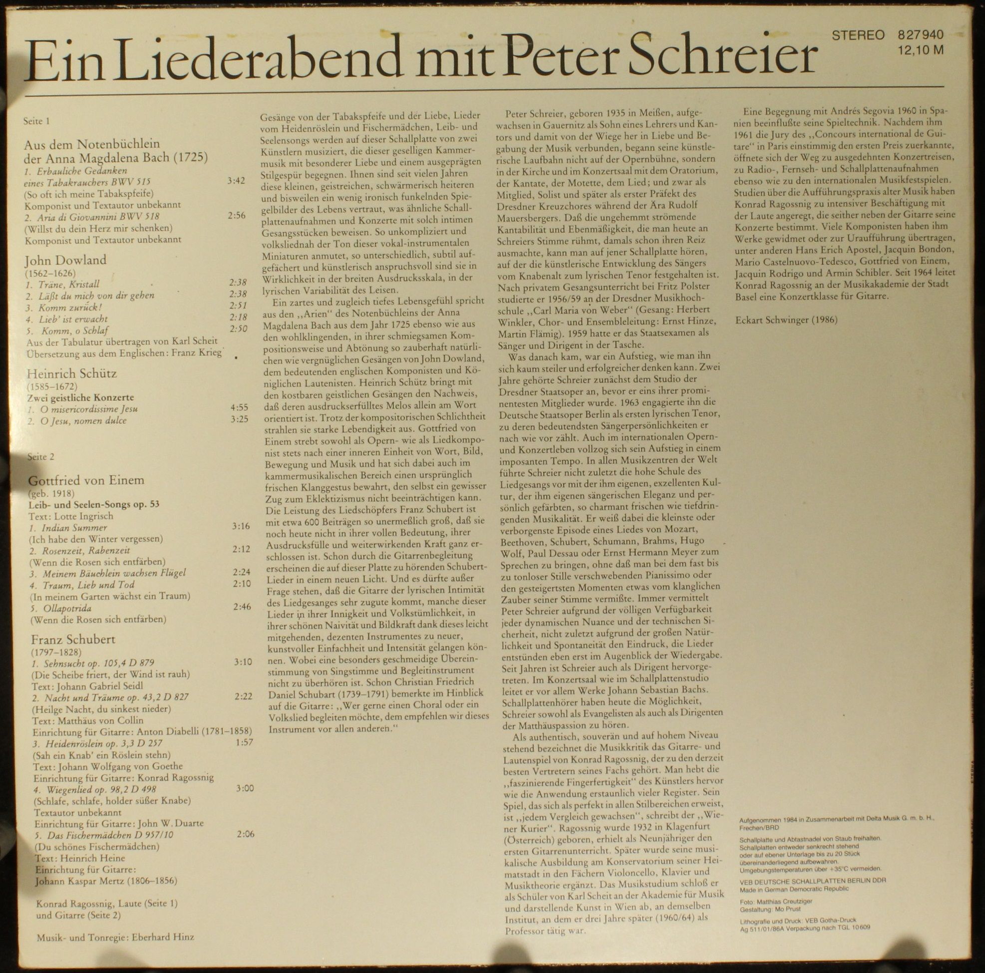 Eterna 8 27 940 - Peter Schreier, Konrad Ragossnig - Ein Liedera - Image 2