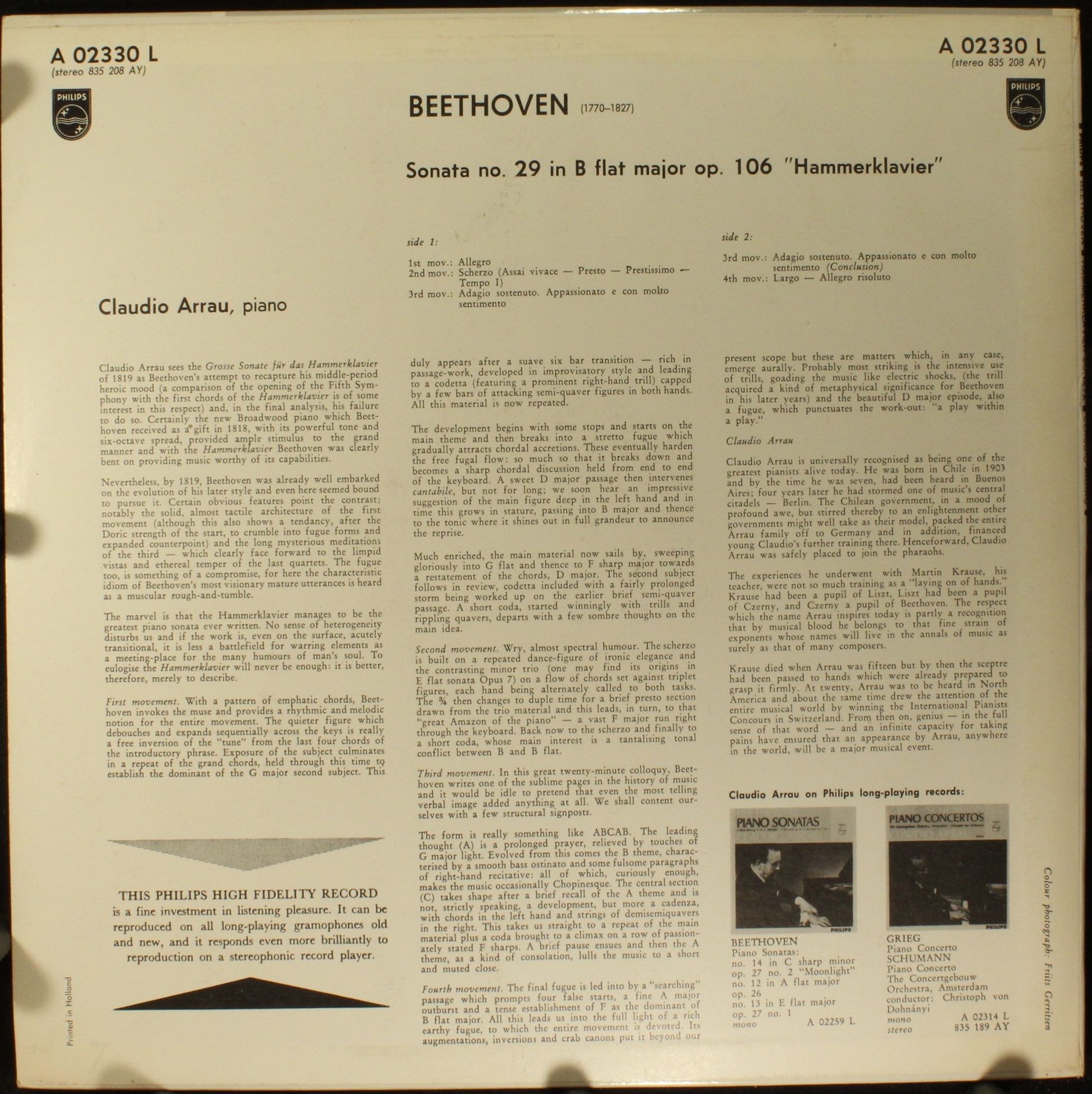 Philips A 02330 L - Ludwig van Beethoven, Claudio Arrau - Klavie - Image 2