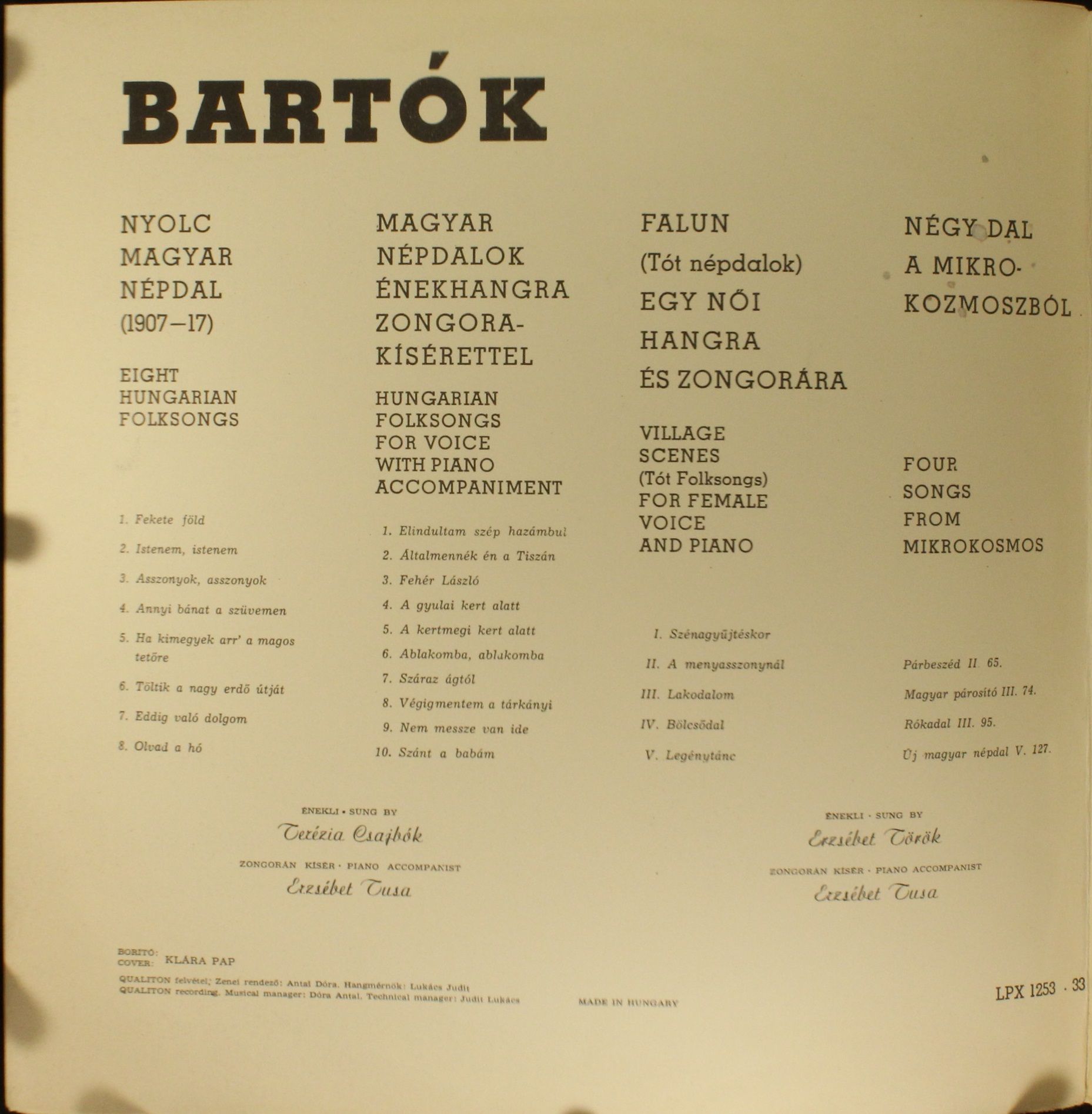Qualiton LPX 1253 - Csajbók Terézia, Erzsébet Török, Tusa Erzséb - Image 3