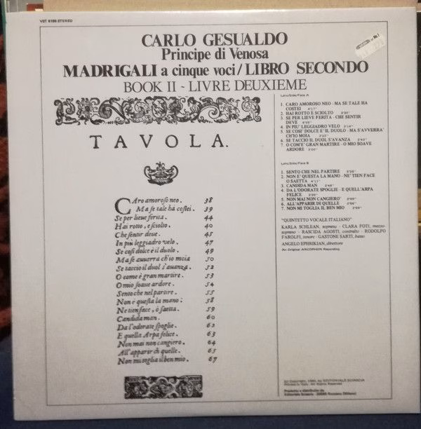 Ars Nova VST 6196 - Carlo Gesualdo, Quintetto Vocale Italiano - - Image 2