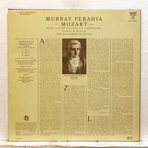 CBS Masterworks IM 39224 - Wolfgang Amadeus Mozart, Murray Perah - Image 2