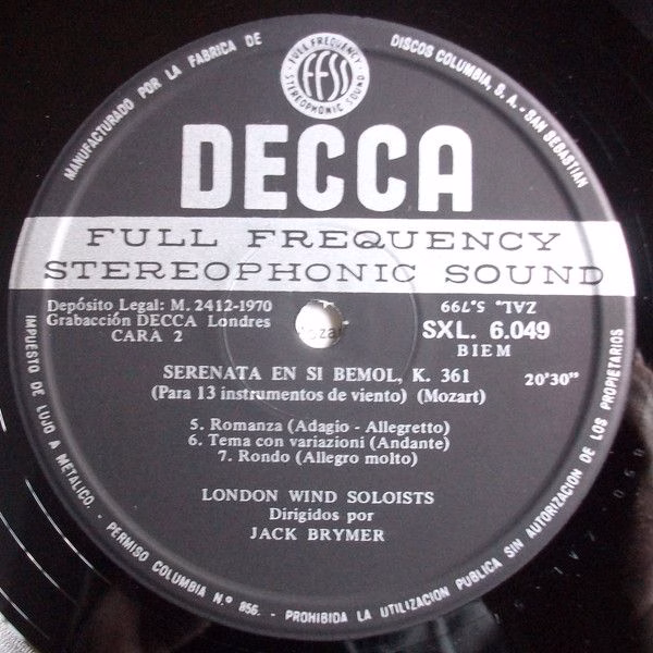 DECCA SXL 6049 - Wolfgang Amadeus Mozart, London Wind Soloists, - Image 3