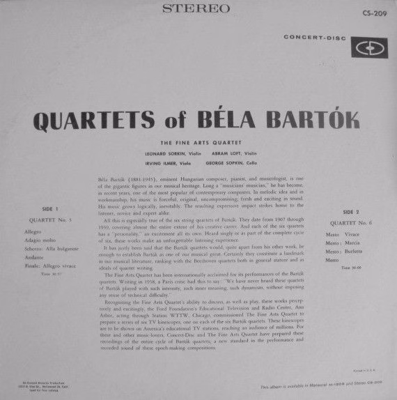 Concert-Disc M-1209 - Béla Bartók, The Fine Arts Quartet - Strin - Image 2