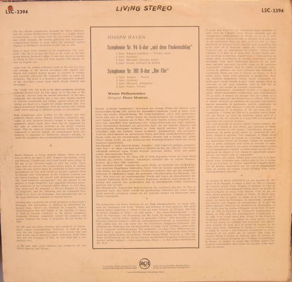 RCA Red Seal LSC-2394 - Wiener Philharmoniker, Pierre Monteux, J - Image 2