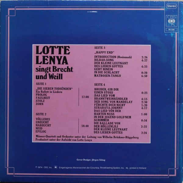 CBS 88 028 - Lotte Lenya - Lotte Lenya Singt Brecht Und Weill - Image 2