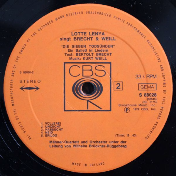 CBS 88 028 - Lotte Lenya - Lotte Lenya Singt Brecht Und Weill - Image 4