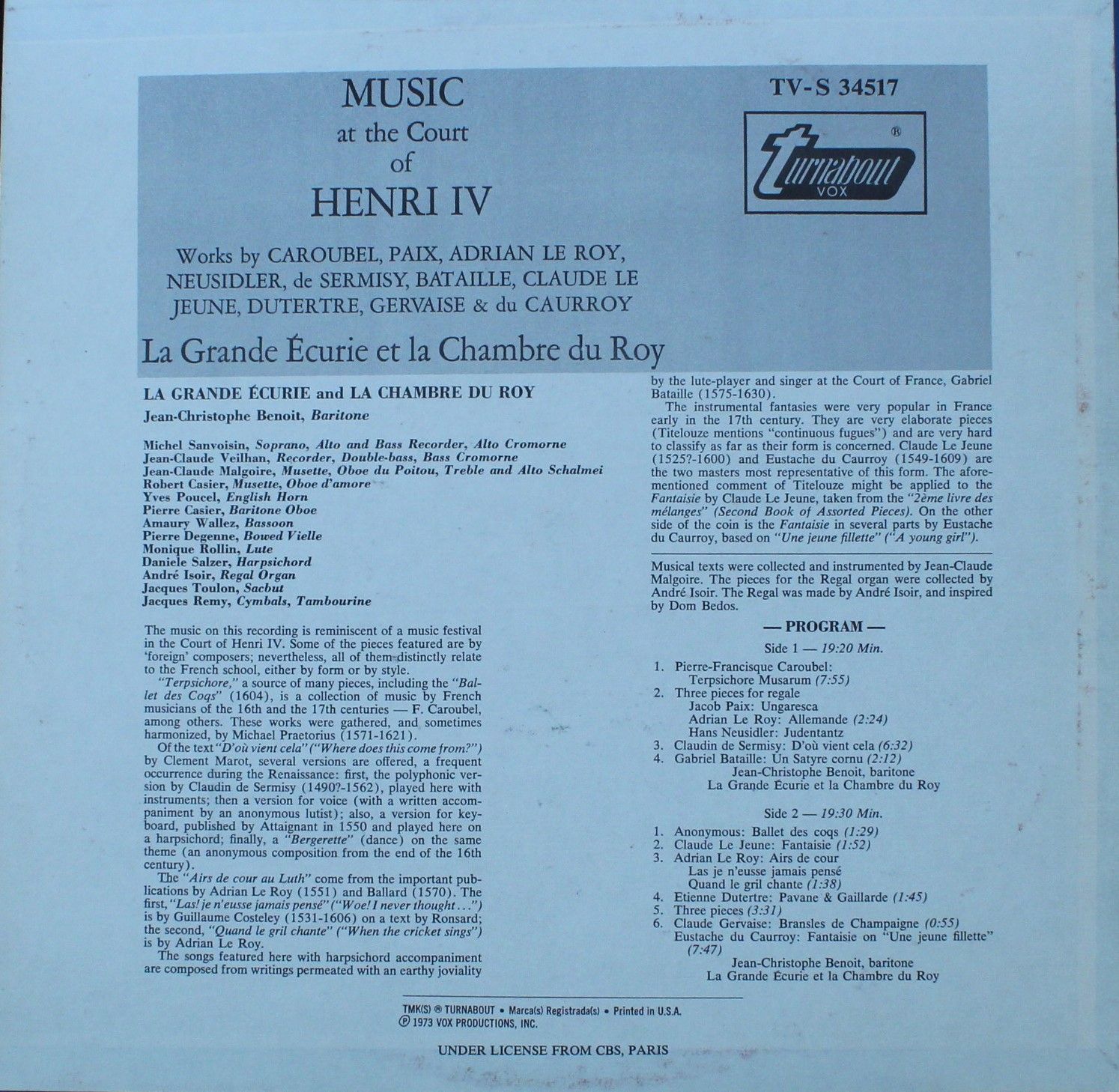 Turnabout TV-S 34517 - Various - Music at the Court of Henri IV - Image 2