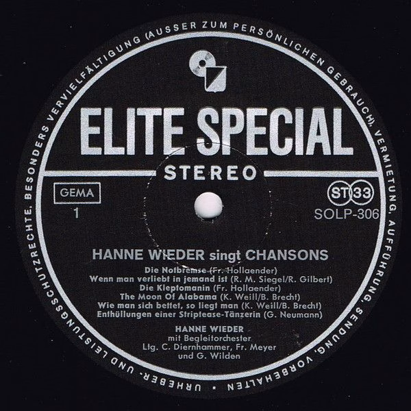 Elite Special SOLP-306 - Hanne Wieder - Hanne Wieder Singt Chans - Image 3