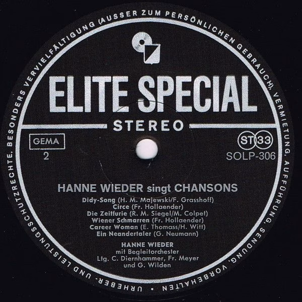 Elite Special SOLP-306 - Hanne Wieder - Hanne Wieder Singt Chans - Image 4