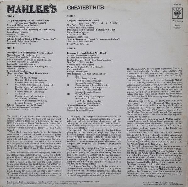 CBS Harmony S 30044 - Gustav Mahler - Mahler's Greatest Hits - Image 2