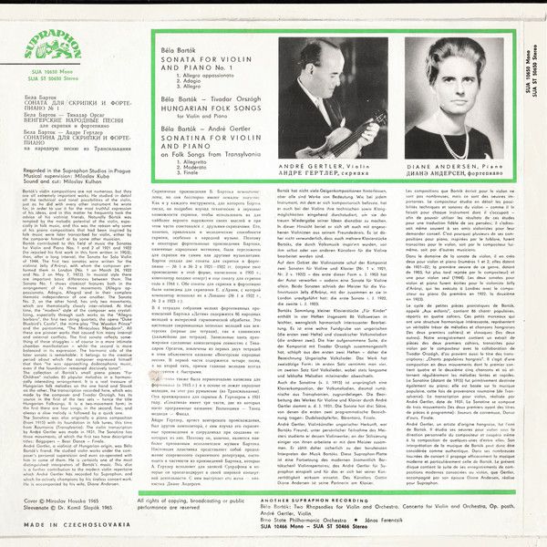 Supraphon SUA 10650 - Béla Bartók, André Gertler, Diane Andersen - Image 2