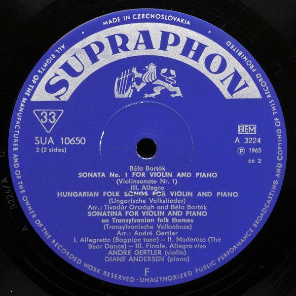 Supraphon SUA 10650 - Béla Bartók, André Gertler, Diane Andersen - Image 4