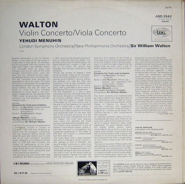 His Master's Voice ASD 2542 - Sir William Walton, Yehudi Menuhin - Image 2