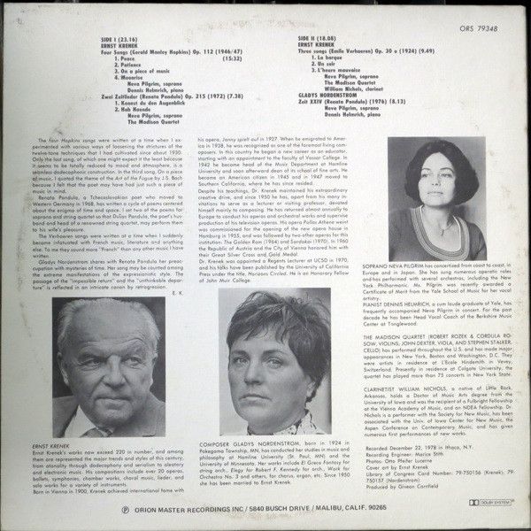 Orion ORS 79348 - Ernst Krenek, Gladys Nordenstrom, Neva Pilgrim - Image 2