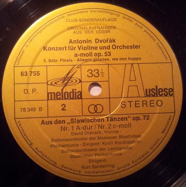 Eurodisc 63 755 - Antonín Dvořák, David Oistrach, Moscow Philhar - Image 4