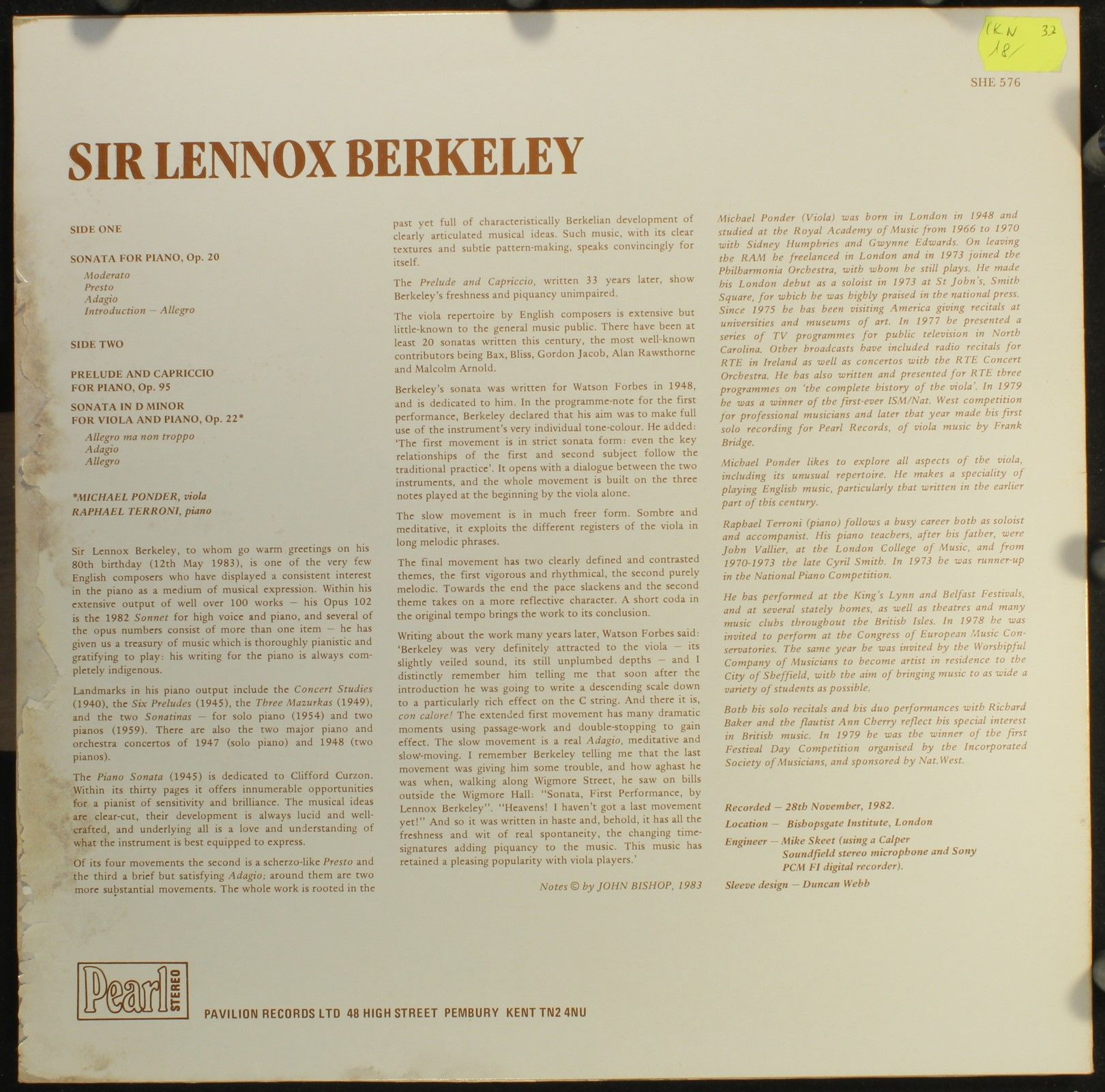 Pearl SHE 576 - Lennox Berkeley, Raphael Terroni, Michael Ponder - Image 2