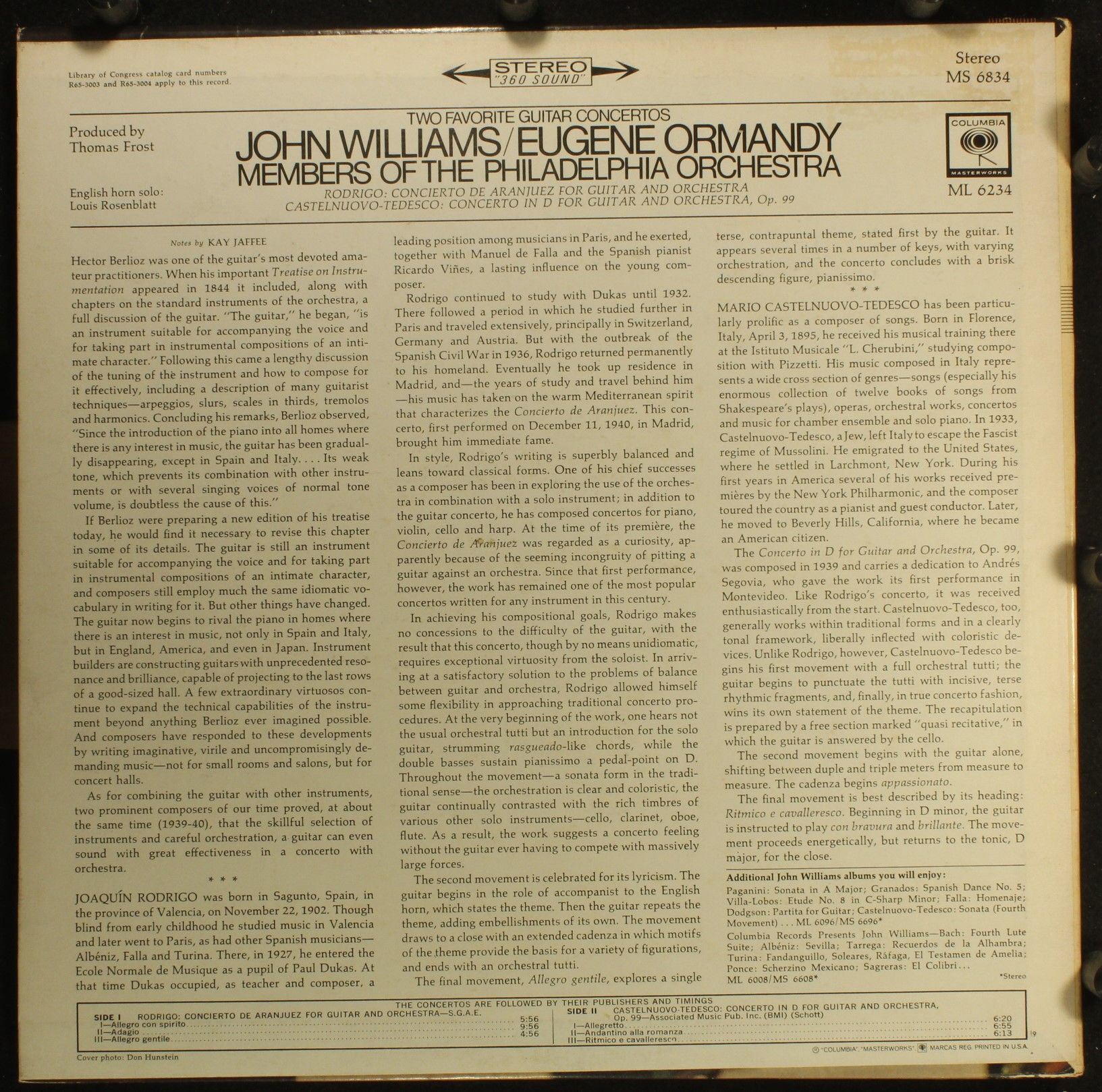 Columbia Masterworks MS 6834 - John Williams (7), Eugene Ormandy - Image 2