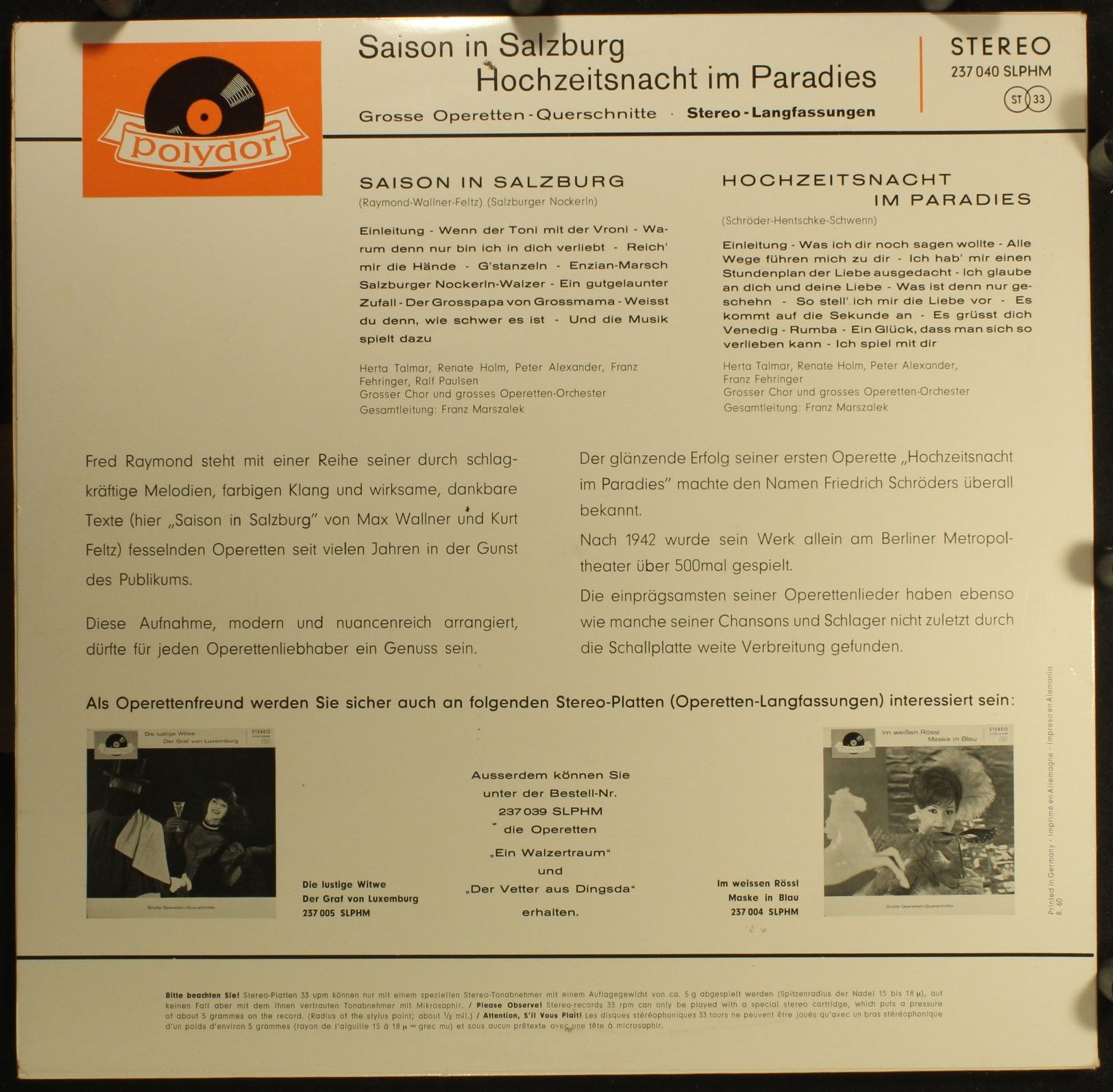 Polydor 46 540 LPHM - Friedrich Schröder, Fred Raymond, Herta Ta - Image 2
