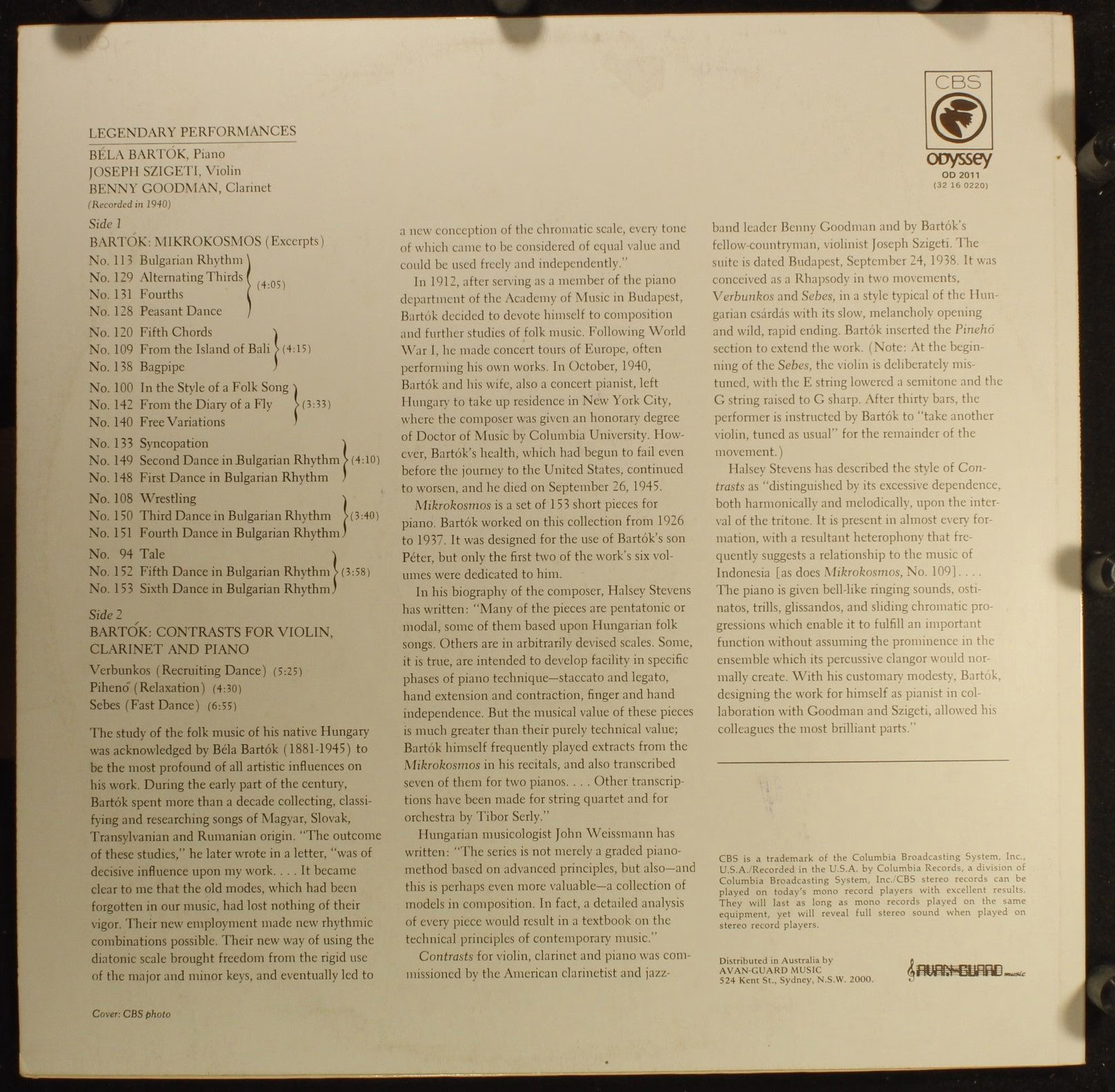 Odyssey OD-2011 - Béla Bartók, Joseph Szigeti, Benny Goodman - M - Image 2