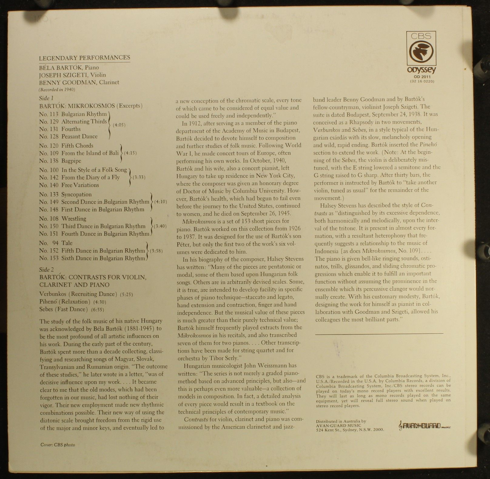 Odyssey OD-2011 - Béla Bartók, Joseph Szigeti, Benny Goodman - M - Image 2