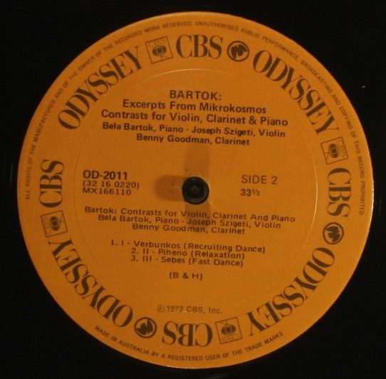 Odyssey OD-2011 - Béla Bartók, Joseph Szigeti, Benny Goodman - M - Image 4