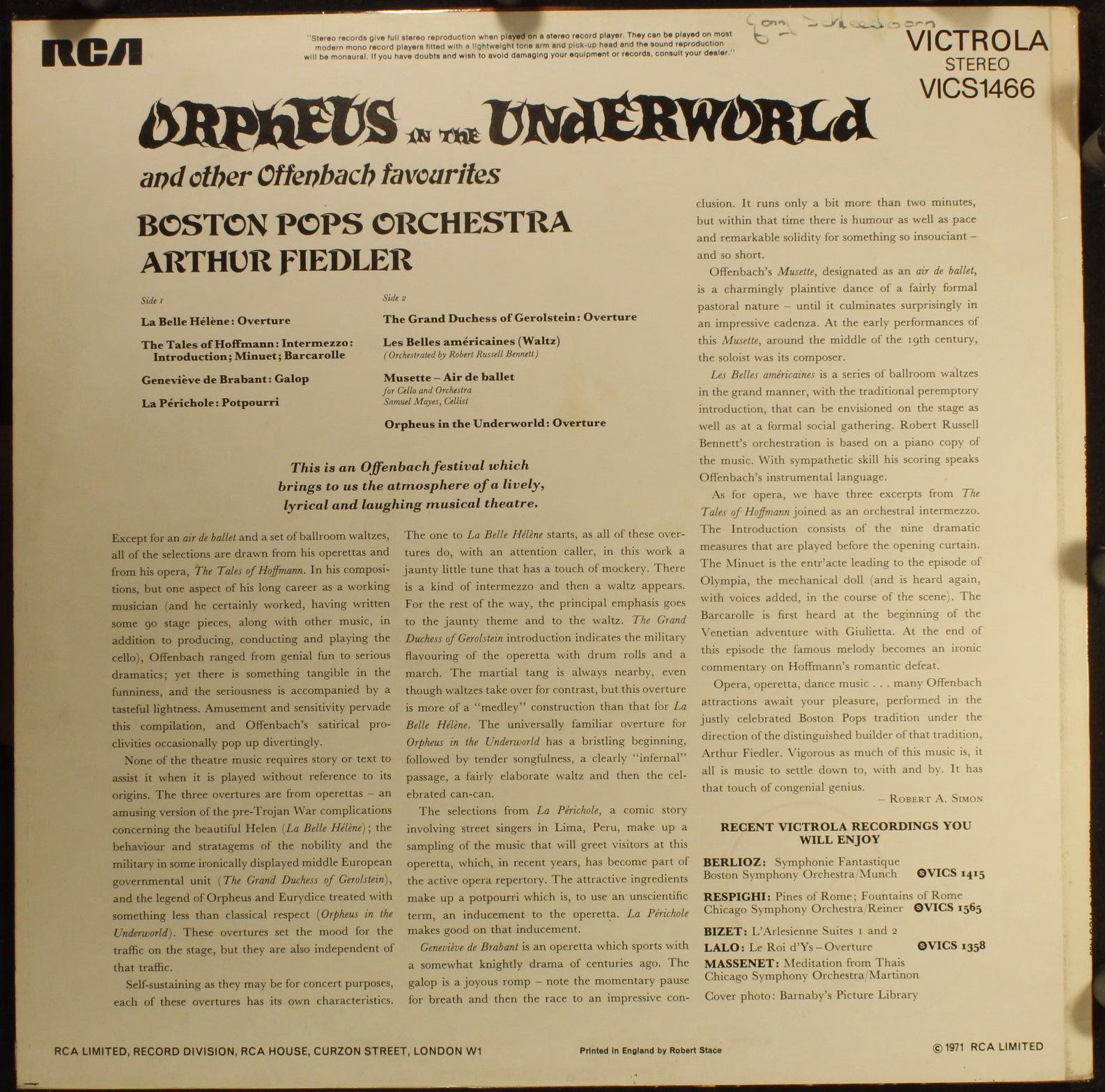 RCA Victrola VICS1466 - Jacques Offenbach, Boston Pops Orchestra - Image 2