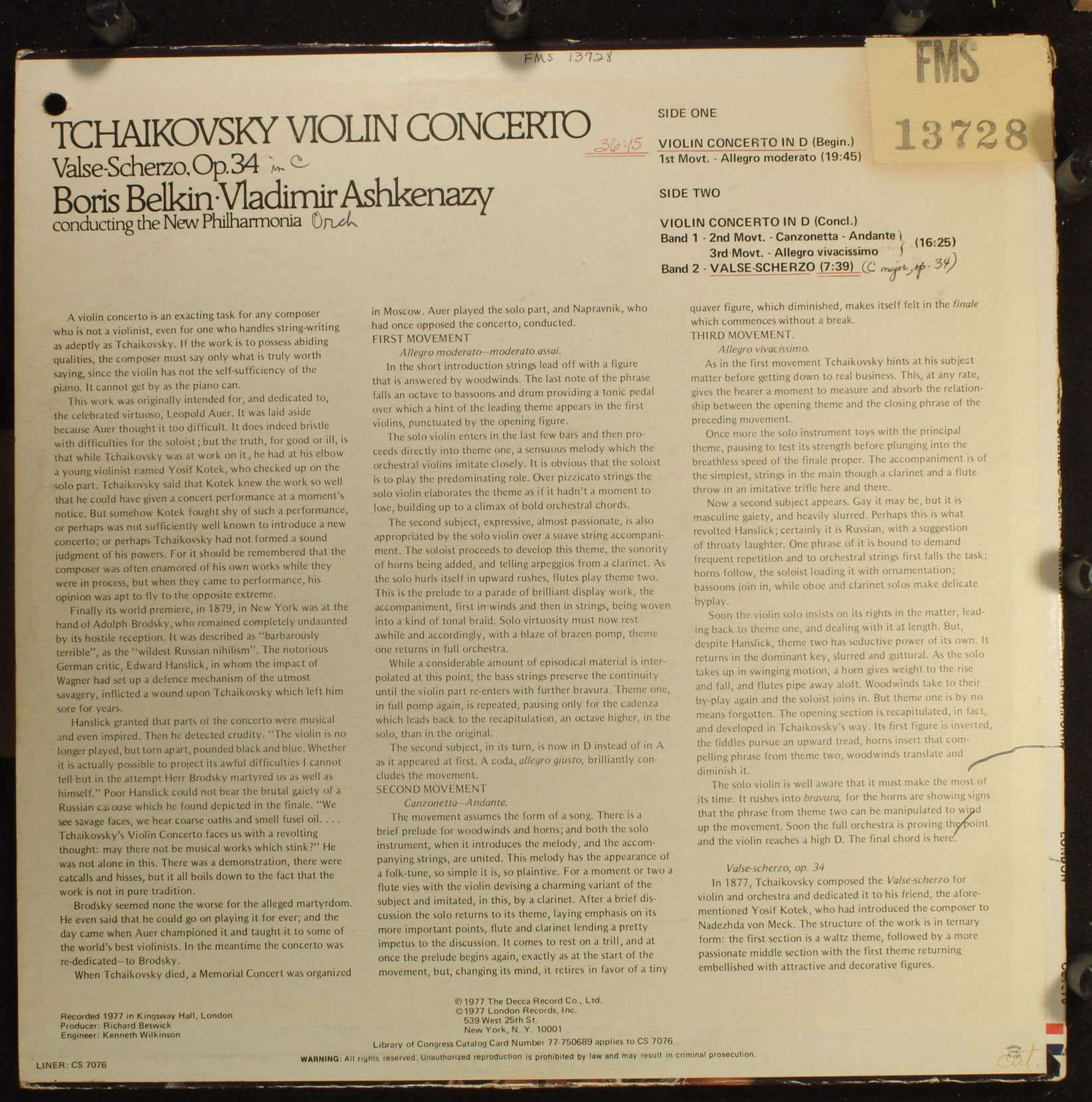 London Records CS 7076 - Pyotr Ilyich Tchaikovsky, Boris Belkin, - Image 2
