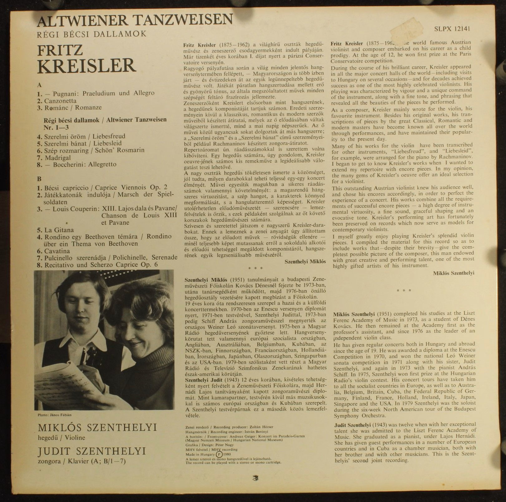 Hungaroton SLPX 12141 - Fritz Kreisler, Miklos Szenthelyi, Judit - Image 2
