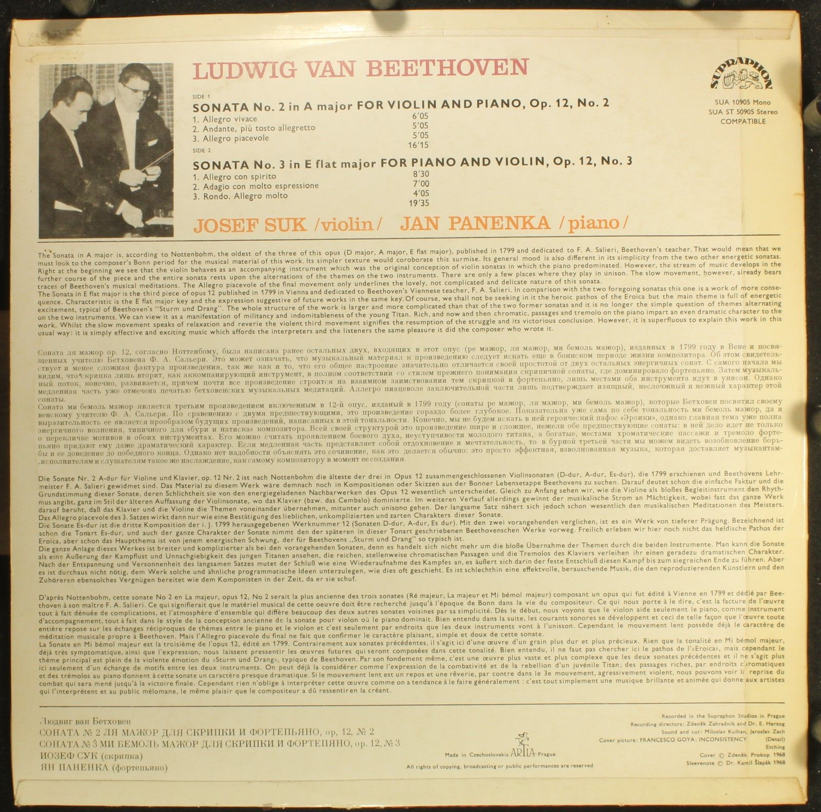 Supraphon SUA ST 50905 - Ludwig van Beethoven, Josef Suk, Jan Pa - Image 2
