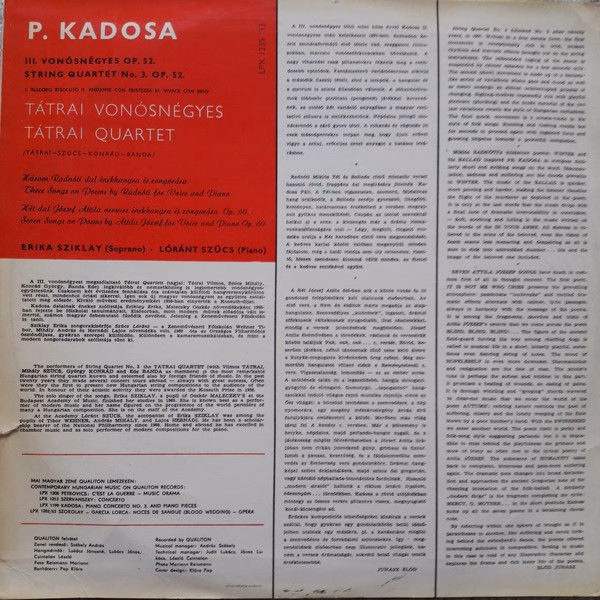 Qualiton LPX 1235 - Kadosa Pál, Tátrai Quartet, Erika Sziklay, L - Image 2