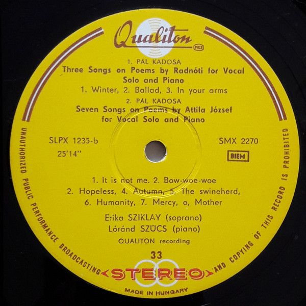 Qualiton LPX 1235 - Kadosa Pál, Tátrai Quartet, Erika Sziklay, L - Image 3